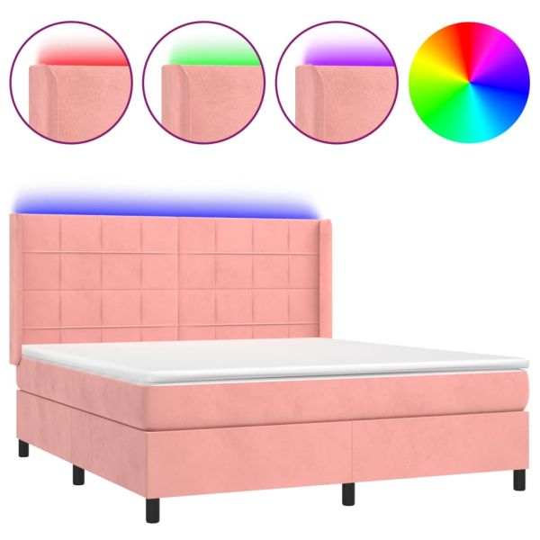 Боксспринг легло с матрак и LED, розово, 180x200 см, кадифе