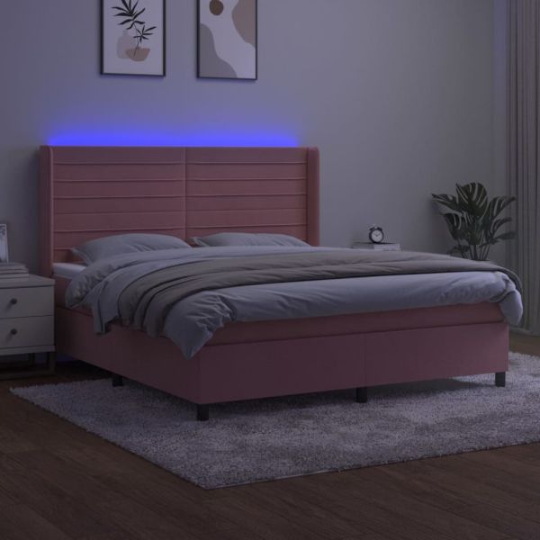 Боксспринг легло с матрак и LED, розово, 180x200 см, кадифе