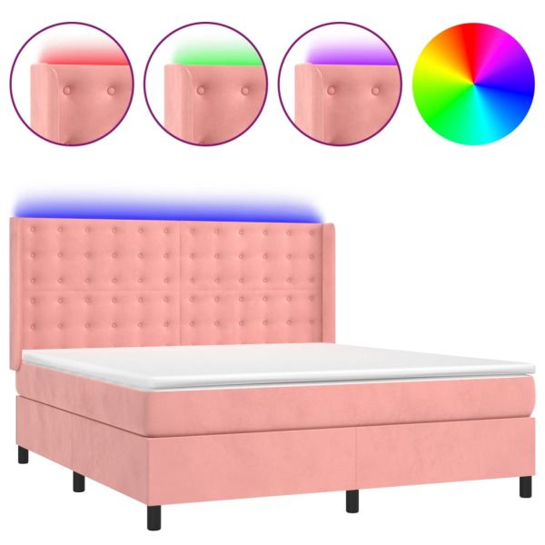 Боксспринг легло с матрак и LED, розово, 180x200 см, кадифе