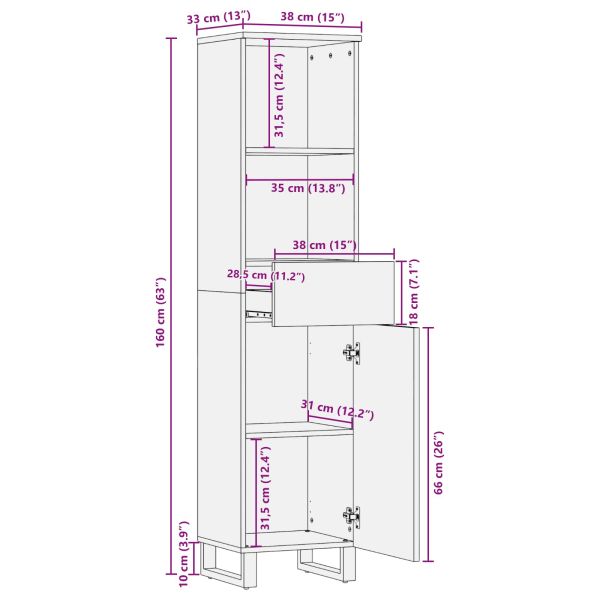 Шкаф за баня с рафт Дъб 38 x 33 x 160 см Солидно мангово дърво