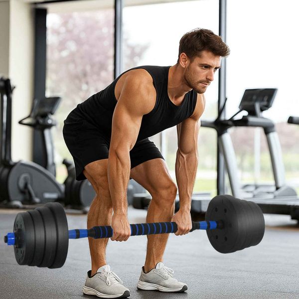 2-в-1 комплект дъмбели и щанга 30кг 30кг Черен и син