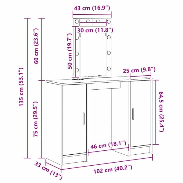Тоалетка с врата Светлосиво 102 x 33 x 135 см Инженерно дърво