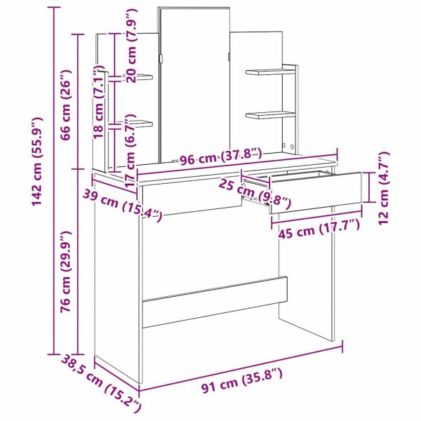 Облекателна маса с огледало с рафт Черния дъб 96 x 39 x 142 см