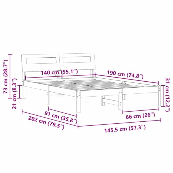 Рамка за легло с таблото Бяло 140 x 190 cm Солидно борово дърво