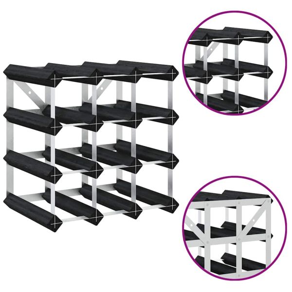 Стойка за вино за 12 бутилки, черна, масивна борова дървесина