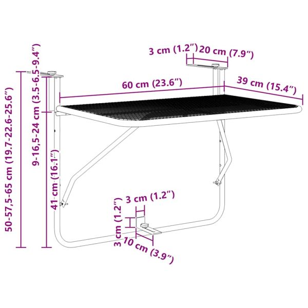Балконска маса, черна, 60x40 см, стомана