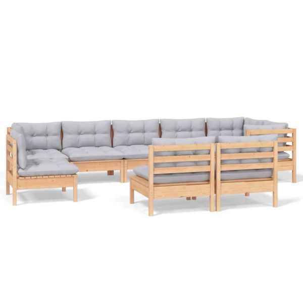 Градински лаундж комплект сиви възглавници 9 части бор масив