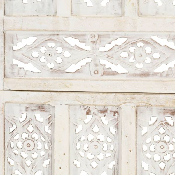 Ръчно резбован параван, 3 панела, бял, 120x165 cм, манго масив