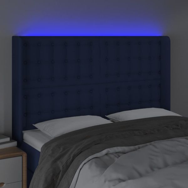 LED горна табла за легло, синя, 147x16x118/128 см, плат