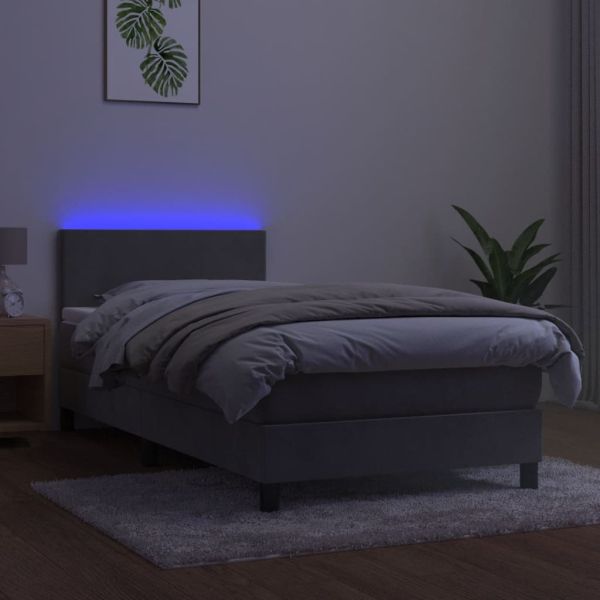 Боксспринг легло с матрак и LED, светлосиво, 100x200 см, кадифе