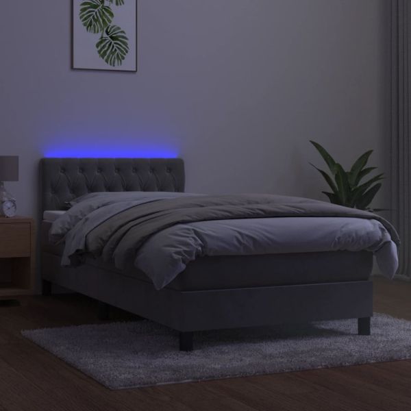 Боксспринг легло с матрак и LED, светлосиво, 100x200 см, кадифе