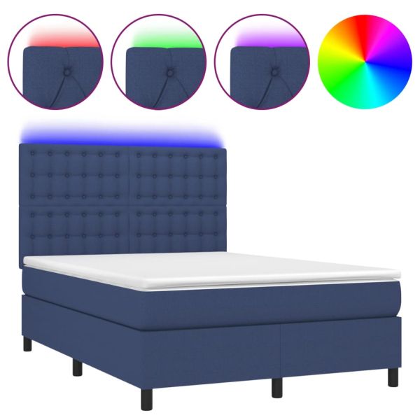 Боксспринг легло с матрак и LED, синьо, 140x190 см, плат