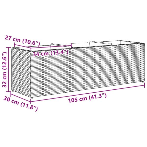 Градински плантер с 3 саксии, сив, 105x30x32 см, полиратан