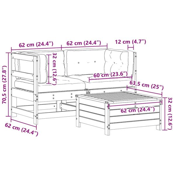 Градински лаундж комплект, 3 части, с възглавници, масив бор