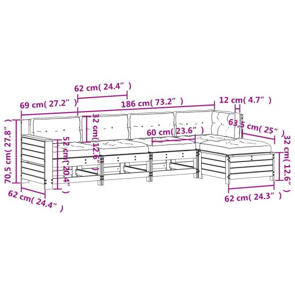 Градински лаундж комплект 5 части с възглавници бор масив