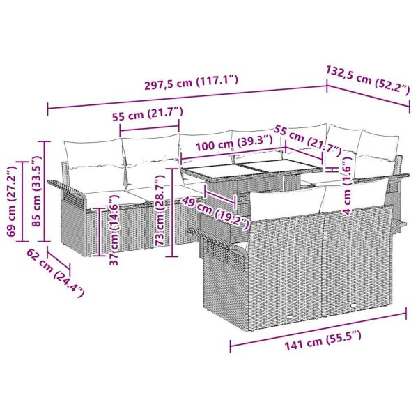 Градински Софа Комплект с възглавница 9 pcs Бежово Полиратан