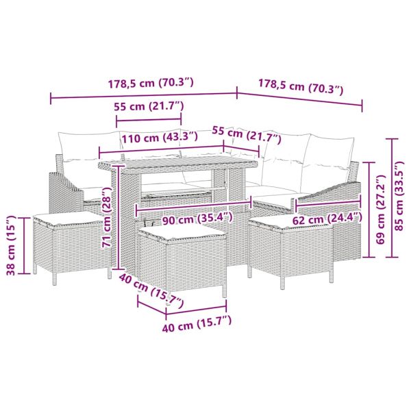 Градински Софа Комплект с възглавница 9 pcs Бежово Полиратан