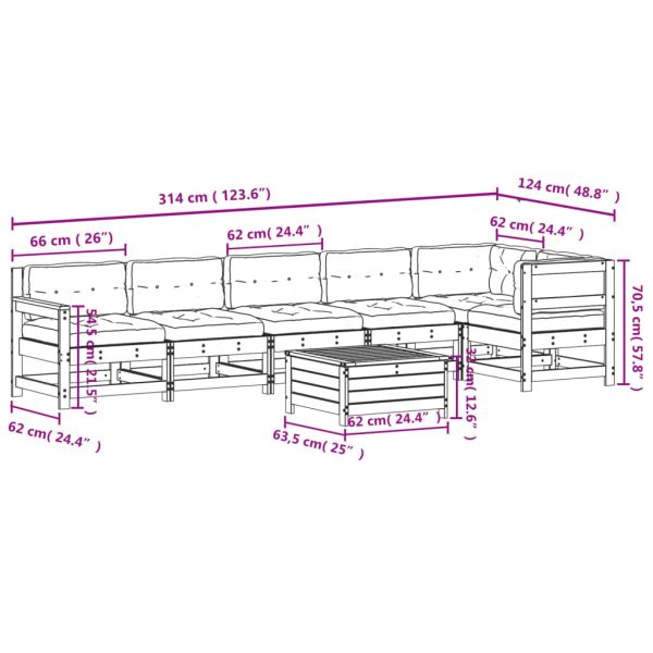Градински лаундж комплект, 7 части, с възглавници, бор масив