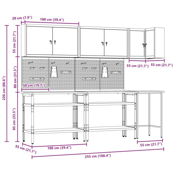 Комплект работни шкафове с рафт с заключване 10 pcs Черен и Сив