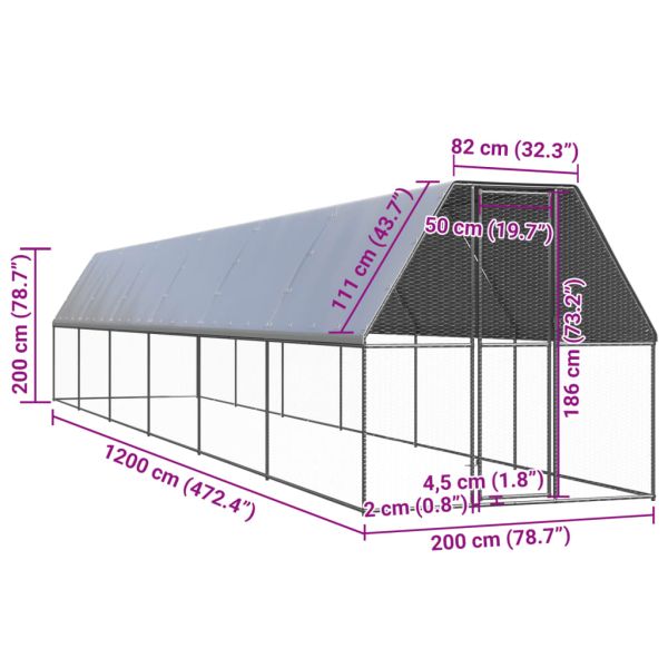 Външна клетка за пилета, 2x12x2 м, поцинкована стомана