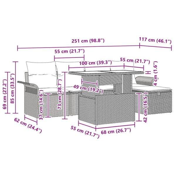 Градински Софа Комплект с възглавница 6 pcs Сив Полиратан