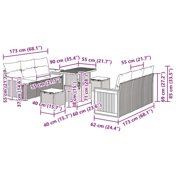 Градински Софа Комплект с възглавница 9 pcs Черно