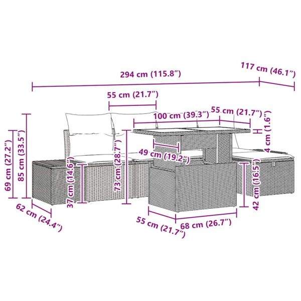 Градински Софа Комплект 6 pcs Сив Полиратан