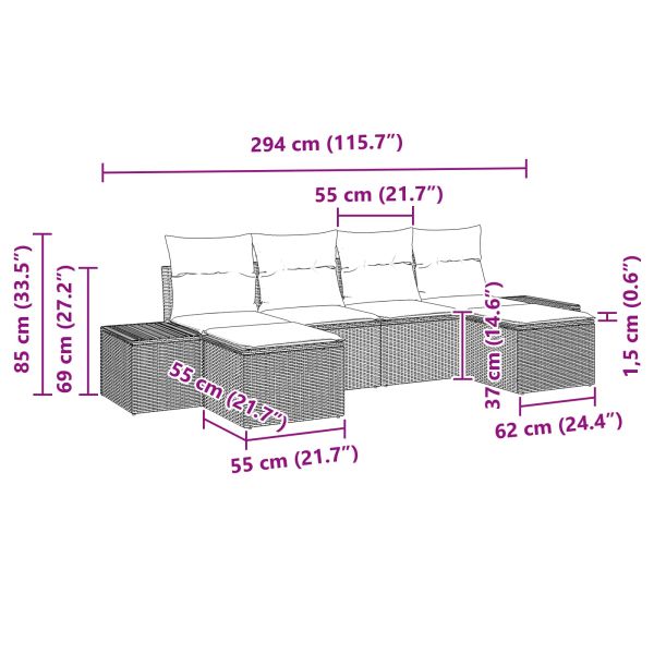 Градински Софа Комплект 6 pcs Черно Полипропилен Ратан