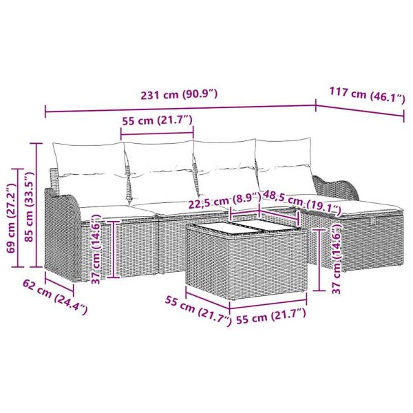 Градински Софа Комплект с възглавница 6 pcs Сив полиратан