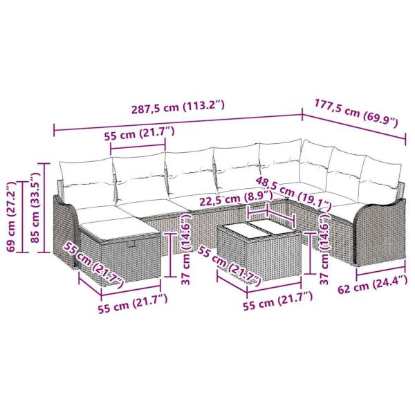Комплект дивани с възглавница 9 pcs Сив полиратан