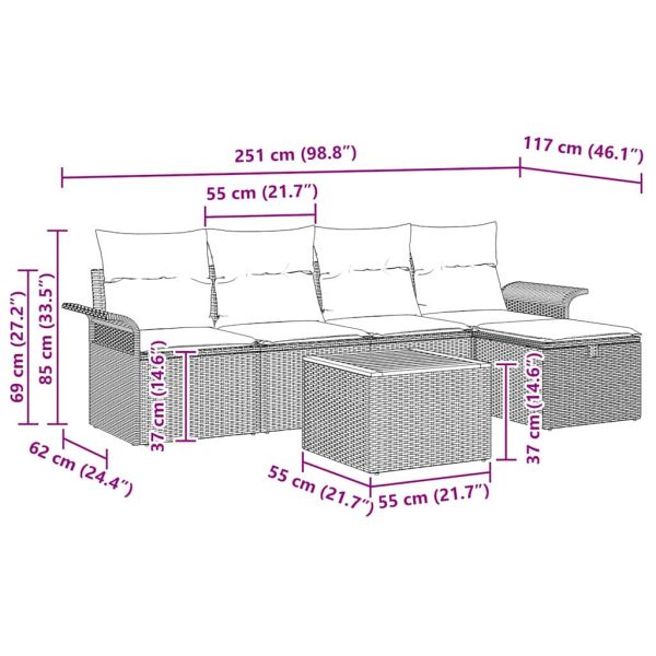 Градински Софа Комплект с възглавница 6 pcs Сив полиратан