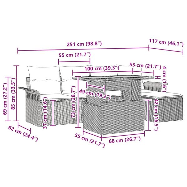 Градински Софа Комплект с възглавница 6 pcs Сив полиратан