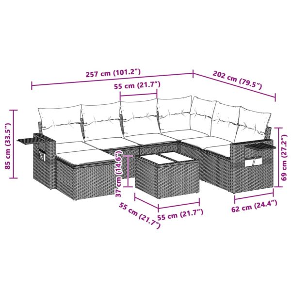 Градински комплект с възглавници, 8 части, светлосив полиратан