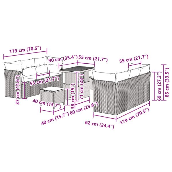 Градински Софа Комплект с възглавница 9 pcs Черно полиратан