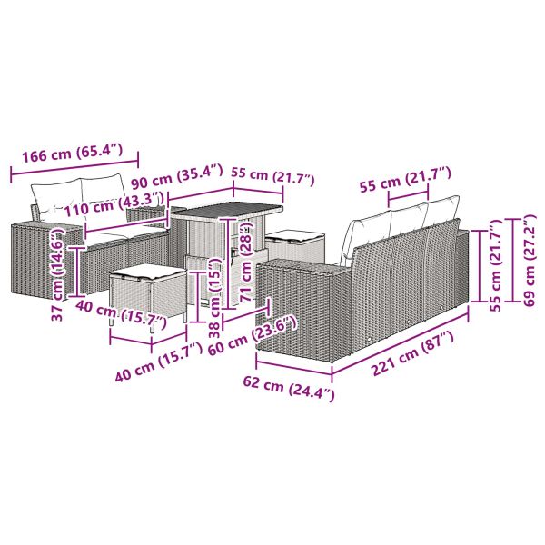 Градински Софа Комплект 8 pcs Черно полиратан