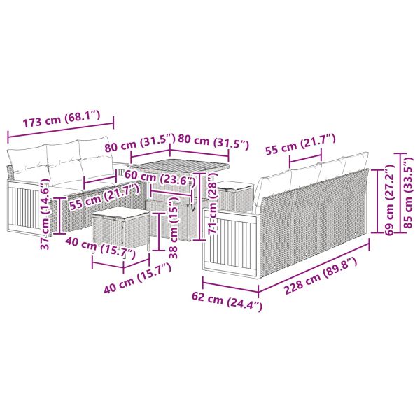 Градински Софа Комплект с възглавница 10 pcs Черно