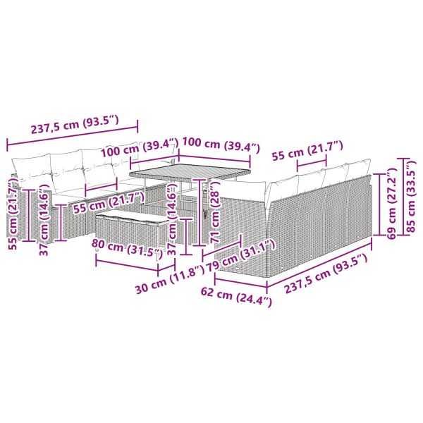 Градински Софа Комплект 11 pcs Черно полиратан