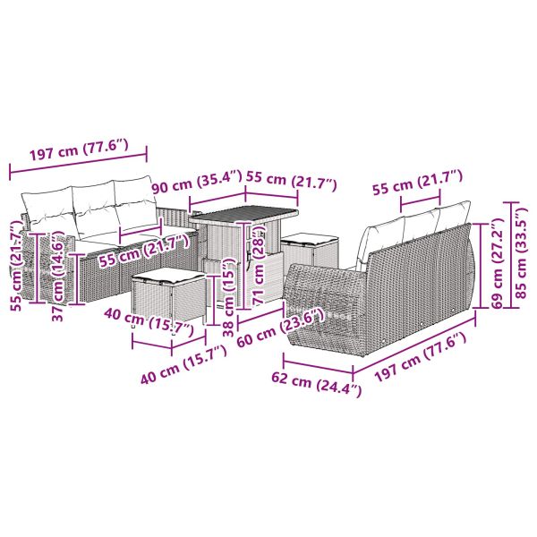 Градински Софа Комплект с възглавница 9 pcs Черно полиратан