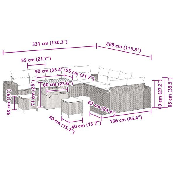 Градински Софа Комплект с възглавница 13 pcs Черно полиратан
