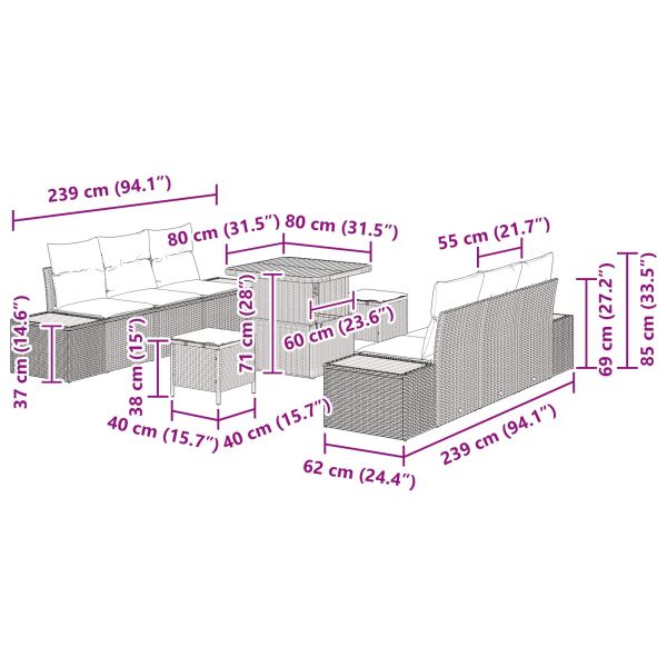 Градински Софа Комплект 9 pcs Черно полиратан
