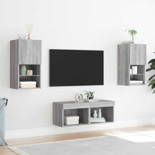 ТВ стенни шкафове, 4 части, с LED светлини, сив сонома