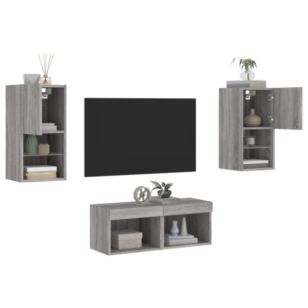 ТВ стенни шкафове, 4 части, с LED светлини, сив сонома