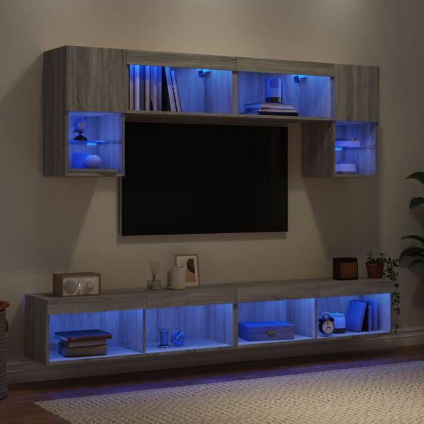 ТВ стенни модули с LED, 6 части, сив сонома, инженерно дърво