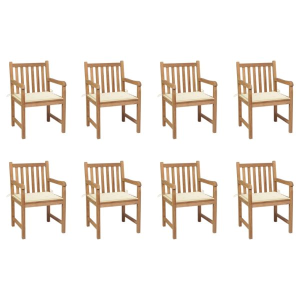 Градински столове 8 бр с кремави възглавници тиково дърво масив