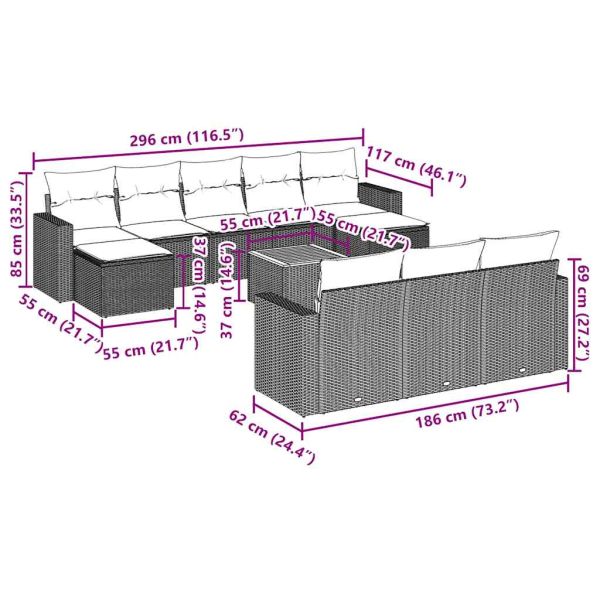 Градински комплект диван с възглавници 11 части черен полиратан