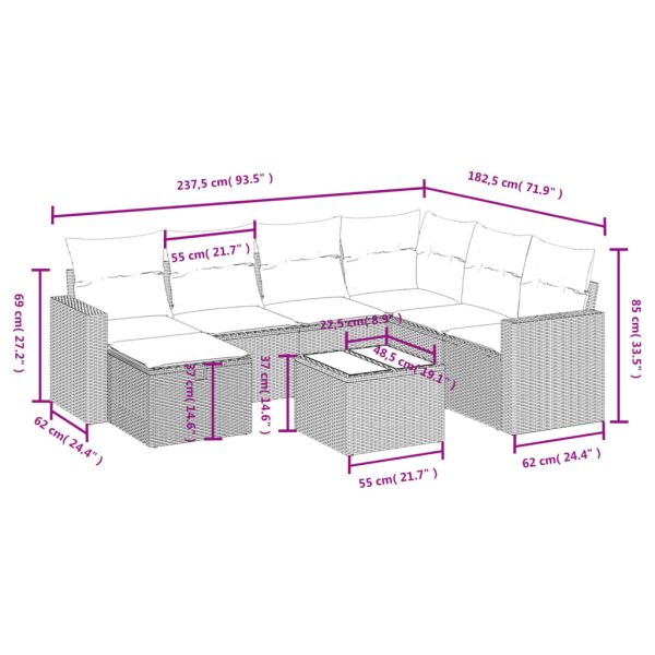 Градински комплект диван с възглавници 8 части черен полиратан