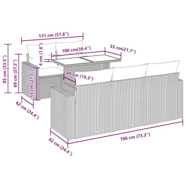 Градински диван с възглавници, 6 части, черен, полиратан