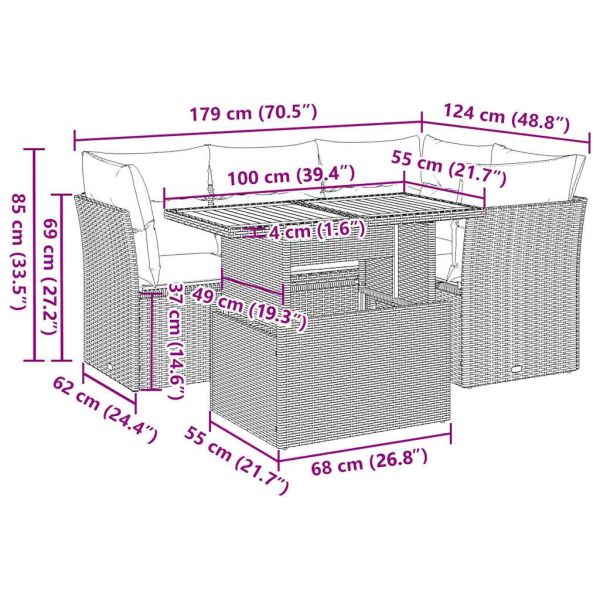 Градински комплект с възглавници, 5 части, черен полиратан