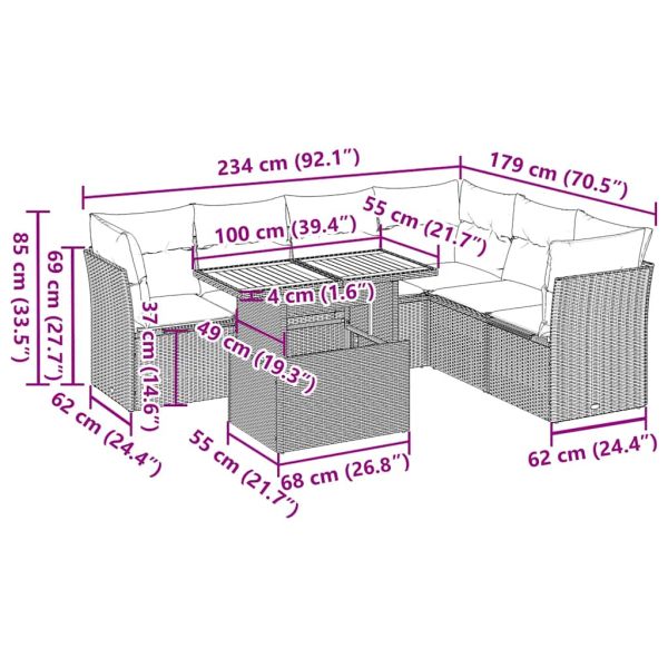 Градински комплект диван с възглавници 7 части черен полиратан