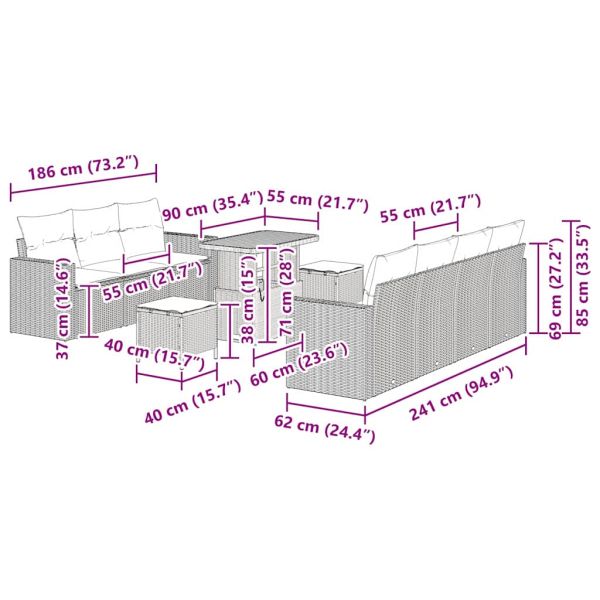 Градински Софа Комплект с възглавница 10 pcs Черно и кремаво